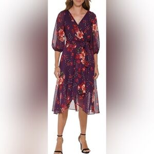 DKNY Women’s Floral Faux Wrap Midi Dress – Purple | Size 14